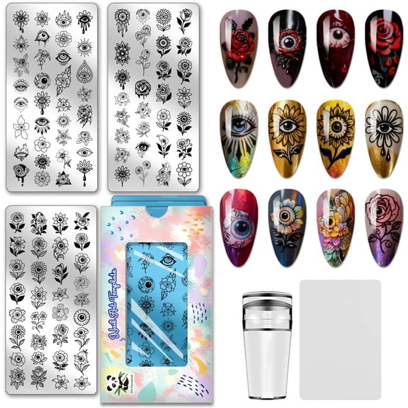 97 Patterns Nail Stamping Plates 3PCS Eyeball Flower Templates Gothic Elements Nail Image Template Stainless Steel Art Stencils with Tools