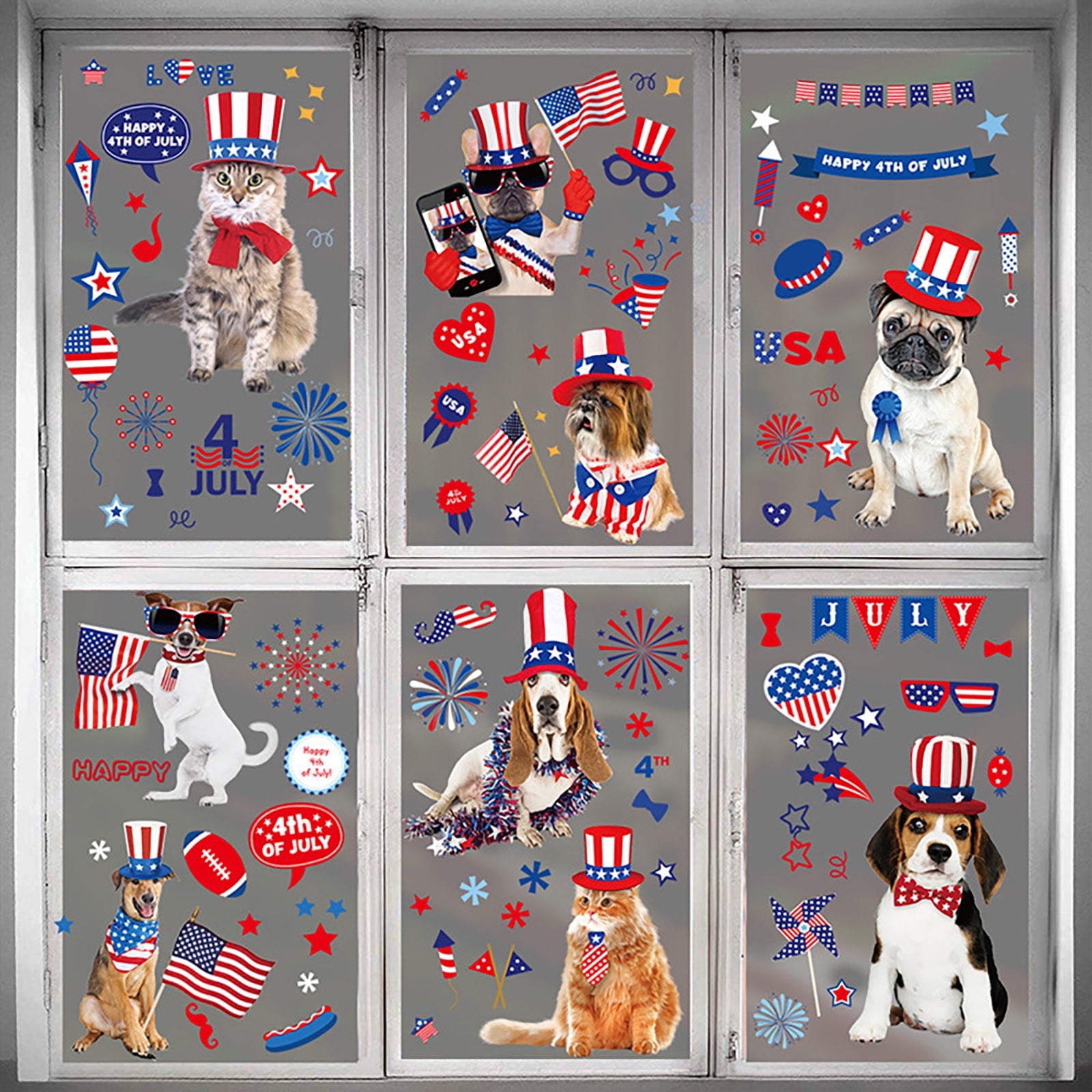 97 Pcs 4th of July Window Clings Patriotic Animals Window Decals Independence Day Window Stickers American Dog Cat Double-Sided Window Decor for Independence Day Home School Office Supplies Decor