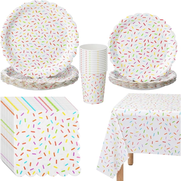 97 Pcs Confetti Sprinkles Tableware Set Include Plastic Tablecloth 24 Paper Napkins 24 Large Plates 24 Small Plates 24 Paper Cups for Sprinkle Party Wedding Birthday Decorations (Scalloped)