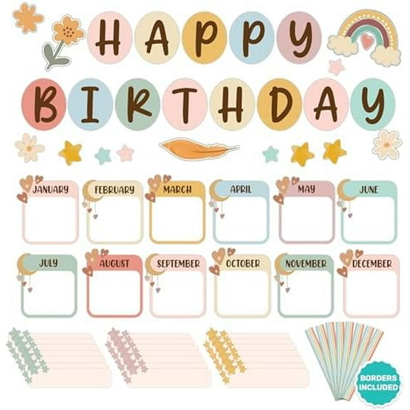 97 Pcs Cutouts Boho Birthday Bulletin Board Decorations Set with Borders - Gloss-Laminated Cardstock, Easy-to-Write-on & Erase, for Classroom, School Hallways, Study Room$$Office