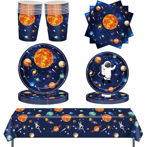 97 Pcs Galaxy Space Astronauts Theme Birthday Decorations Tableware, Outer Space Theme Party Supplies for Baby Shower, Plates, Napkin, Cup, Tablecloth, Serves 24 Guests