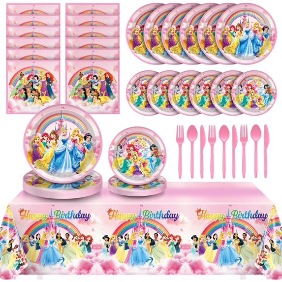 97 Pcs Princess Birthday Party Decorations, Princess Plates and Napkins Tableware for Party, Prin cess Decor Supplies Set for Girl Birthday Flower Fairytale Dinnerware Serve 16 Guests