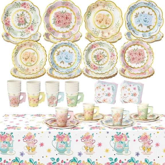 97-Piece Floral Tea Party Disposable Tableware Set for 24 Guests with 7-Inch and 9-Inch Plates, 9-Ounce Handle Cups, Napkins, and Tablecloth