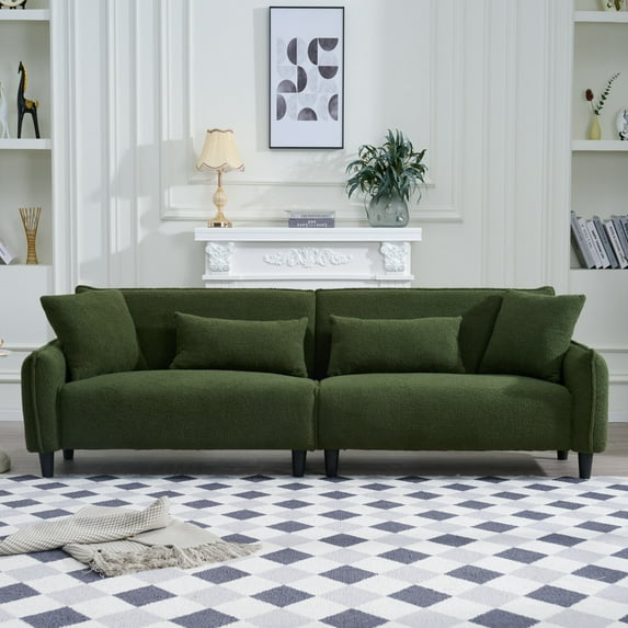 97" Sofa Couch, 3-Seater Upholstered Fabric Sofa with Pillows, Deep Seat Chaise Lounge Cloud Sofa Couches for Living Room Bedroom Apartment, Green