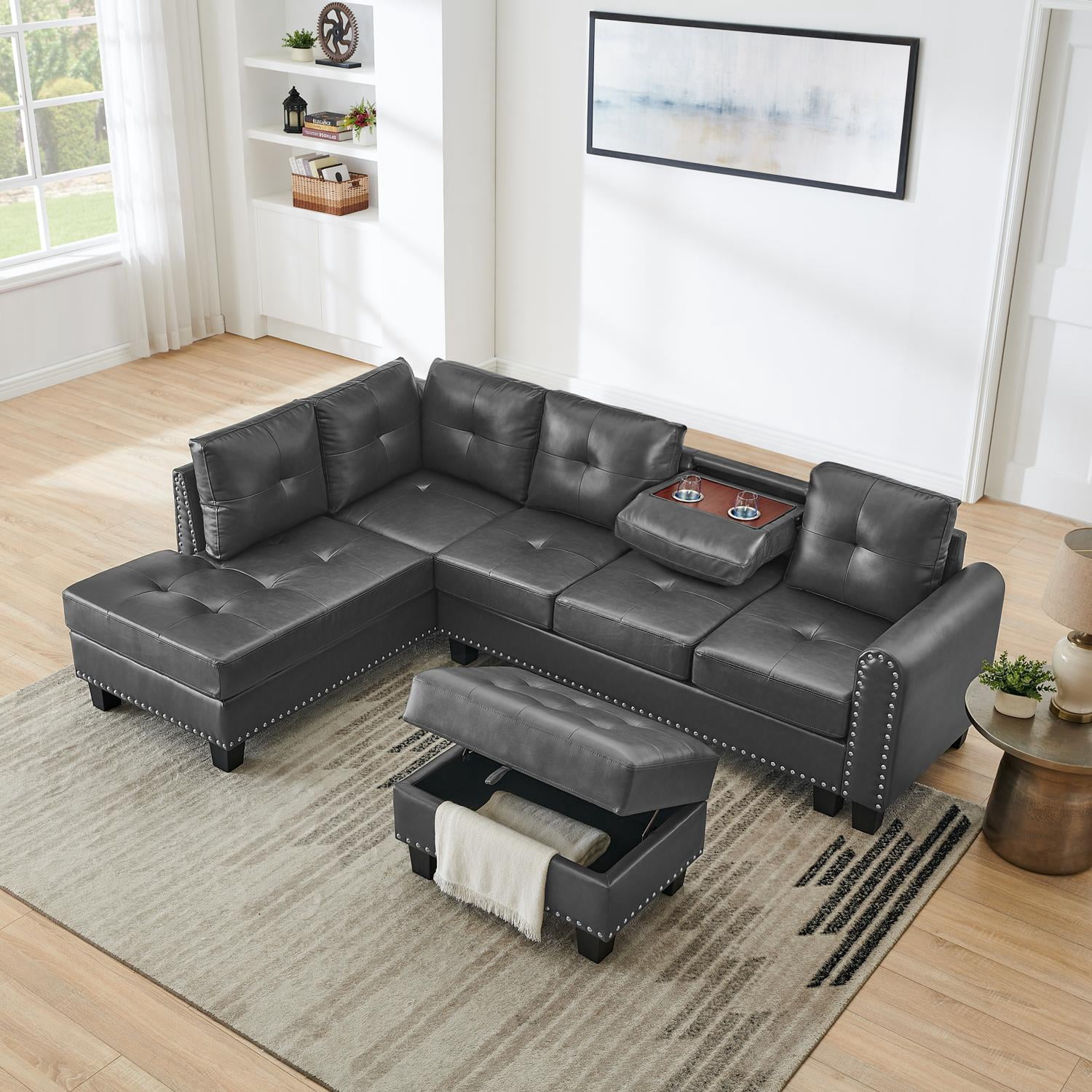 97" W L Shaped Sofa with Storage Ottoman,L Shaped Couch,Modern Sectional Sofa for Living Room,Bedroom,Office,Grey