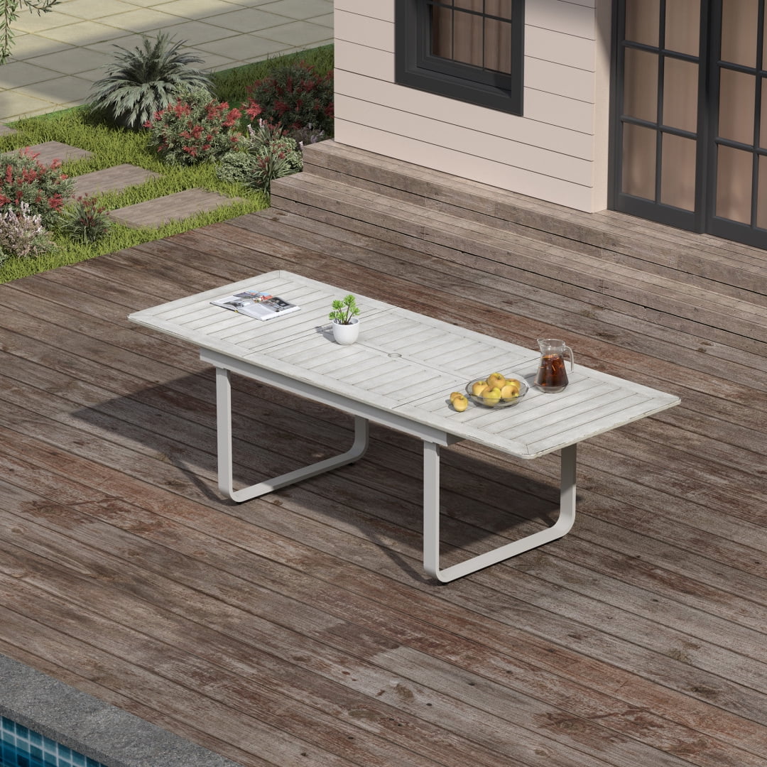 97 in Expandable Patio Outdoor Dining Table with U-Shape Legs for 6-8 Person, Distressed White
