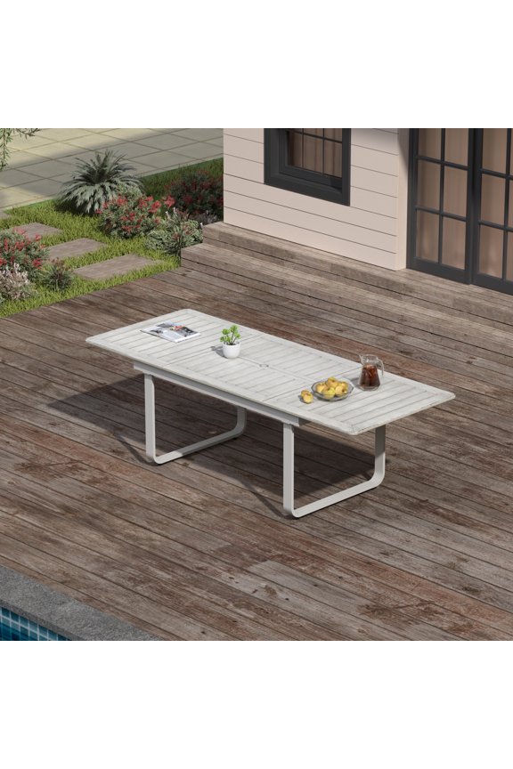97 in Expandable Patio Outdoor Dining Table with U-Shape Legs for 6-8 Person, Distressed White