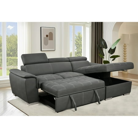 97 inch Convertible Sectional Sofa with Storage Chaise, Adjustable Headrests, Contemporary L-shaped Sleeper Corner Sectional Sofa with a Pull-Out Bed ,Brown