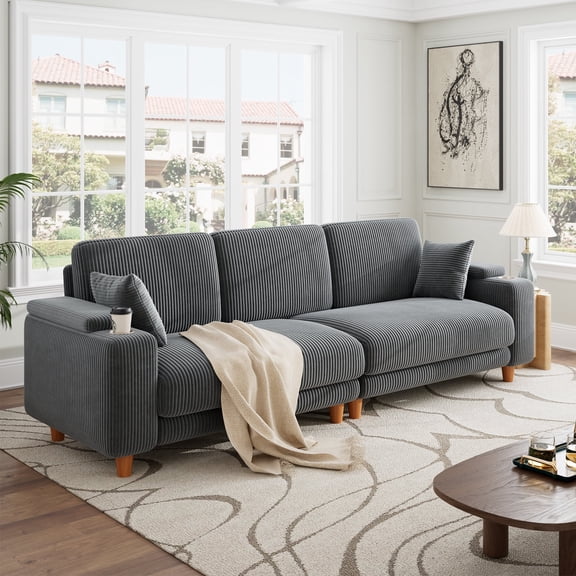Patbrela 101" Oversized Corduroy Sofa with Storage, 24" Extra Deep Seat Couch, Comfy Upholstered with Cup Holder, 2 Pillows, Gray