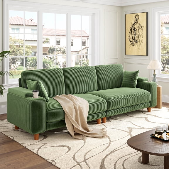 Patbrela 101" Oversized Corduroy Sofa with Storage, 24" Extra Deep Seat Couch, Comfy Upholstered with Cup Holder, 2 Pillows, Green