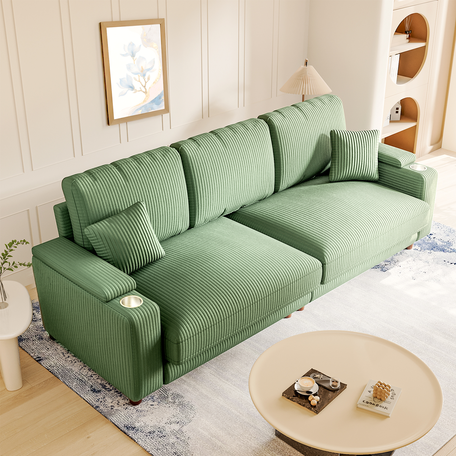 Patbrela 101" Oversized Corduroy Sofa with Storage, 24" Extra Deep Seat Couch, Comfy Upholstered with Cup Holder, 2 Pillows, Green