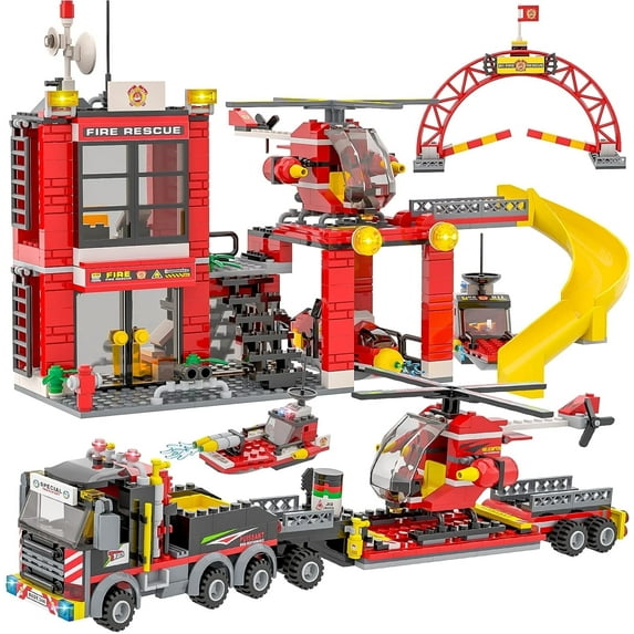 971 Pcs City Fire Station Building Toys Set, ENP Firefighter Building Block Kit for Boy Girl, Fire Truck Stem Toy, Gift for Kids 6-12, Red