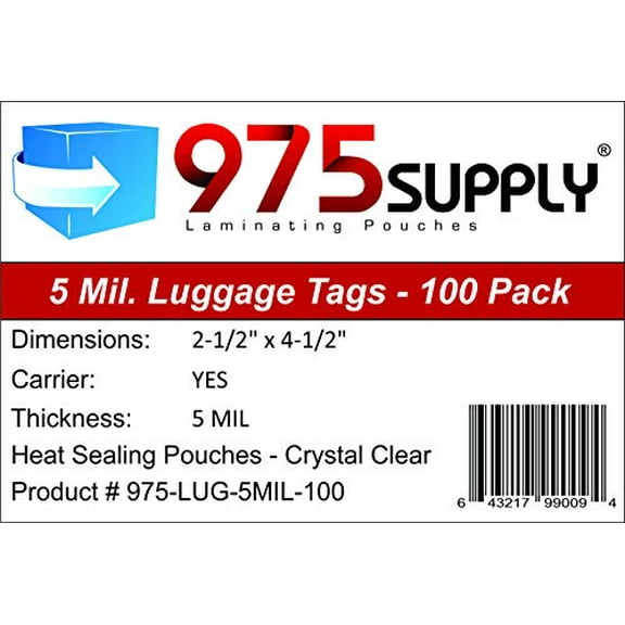 975 Supply Luggage Tag 5 Mil Laminating Pouches with Loops, 2.5 x 4.25 inches , 100 per Box