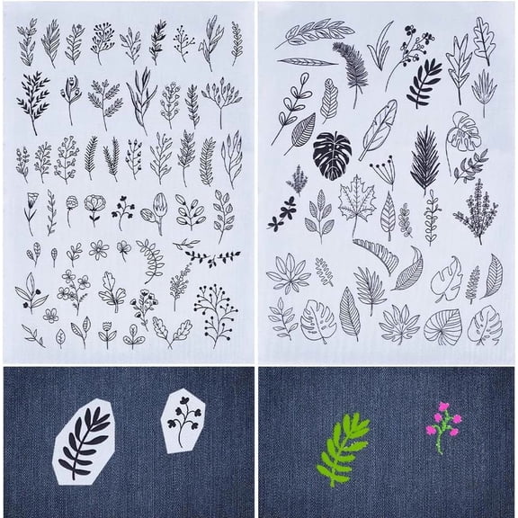 97Pcs Leaves Plants Water Soluble Embroidery Stabilizers Hand Sewing Stick and Stitch Transfers Paper Wash Away Pre-Printed Self Adhesive Patterns for Bags Cloth Sewing Lovers Beginner Black DIY