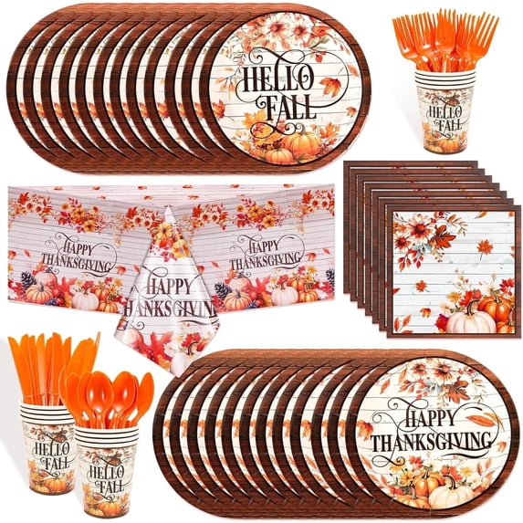 97Pcs Thanksgiving Party Supplies, Fall Thanksgiving Dinnerware Set for 12 Guests, Pumpkin Maple Leaves Tableware Set with Tablecloth for Autumn Harvest Table Decorations