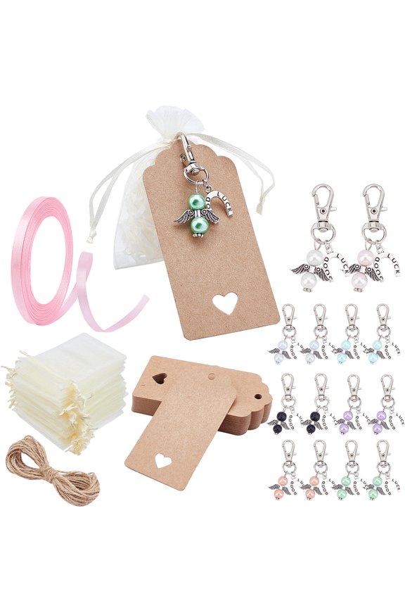 97pcs Angel Lucky Horseshoe Keychain Favors Set - 4 Color Angel Pearl Keychains White Organza Gift Bags Pink Satin Ribbon Wedding Favors