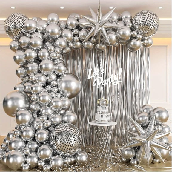 97pcs Silver Disco Ball Balloon Wreath Set - 22inch 4D Disco Ball & Star Foil Balloons for Birthday, Anniversary, and Corporate Events