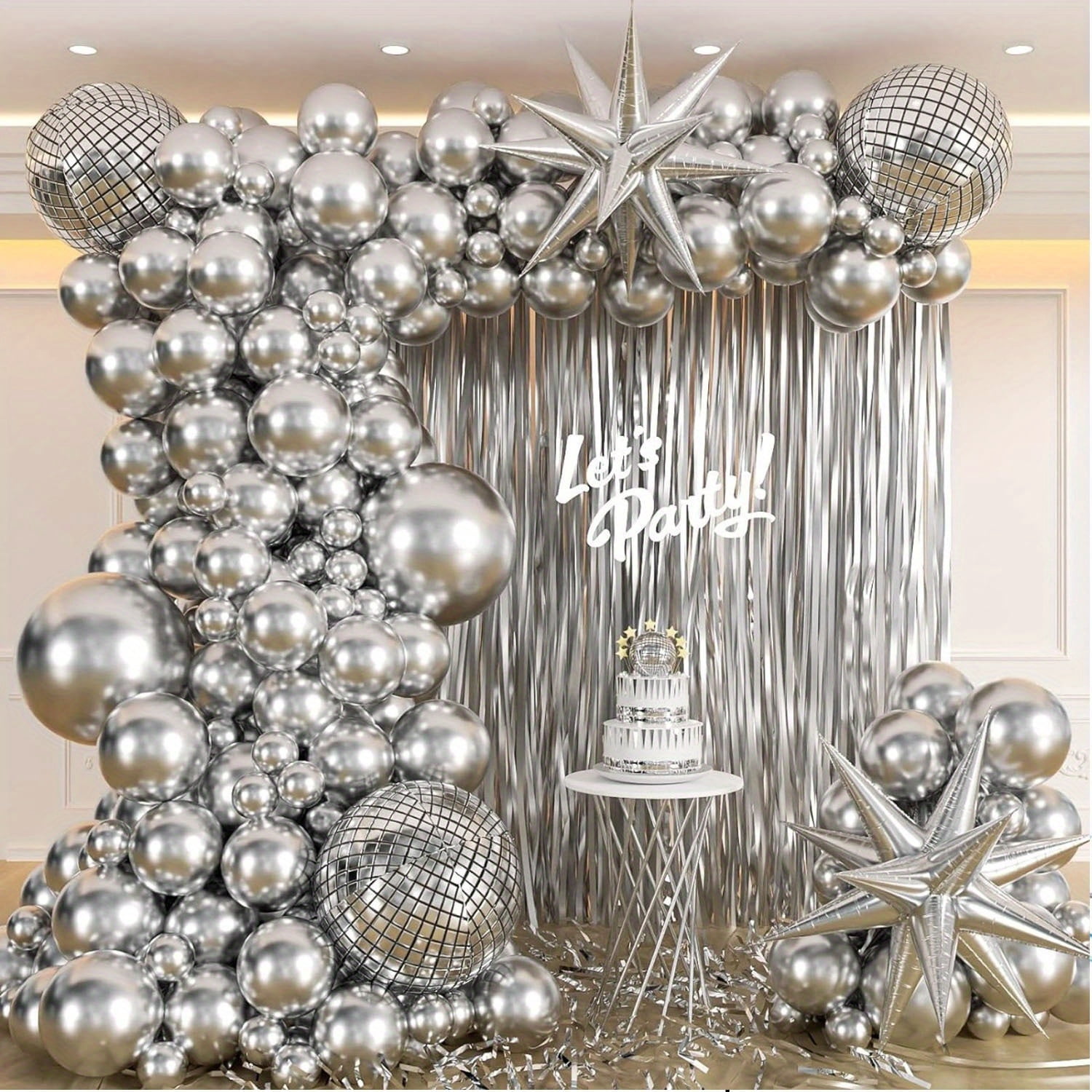97pcs Silvery Disco Ball Balloon Wreath Arched Set with 22inch4D Disco Ball and Explosion Star Aluminum Film Balloon, Used for Birthday Decoration, Ball, Anniversary,  Indoor and Outdoor Decoration