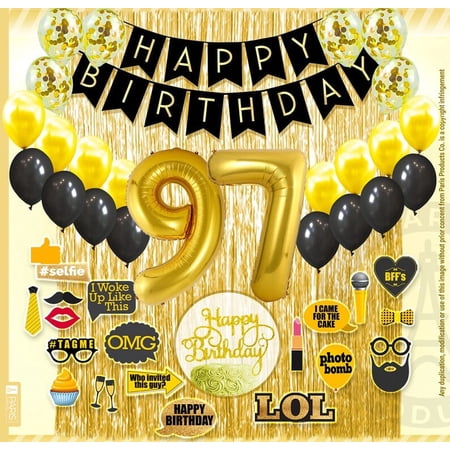 97th Birthday Decoration Black and Gold for Boy & Girl, 97th Cake Topper, 97th Party Supplies for Her and Him, 97th Birthday Photo Props