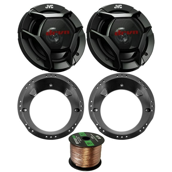 98-13 Motorcycle Speaker Bundle: 2x of JVC 6.5" Inch 300 Watts 2-Way dvrn DR-Series Black Car Stereo Coaxial Speakers + Speaker Mounting Rings For Motorcycles + 50 Ft 16G Speaker Wire