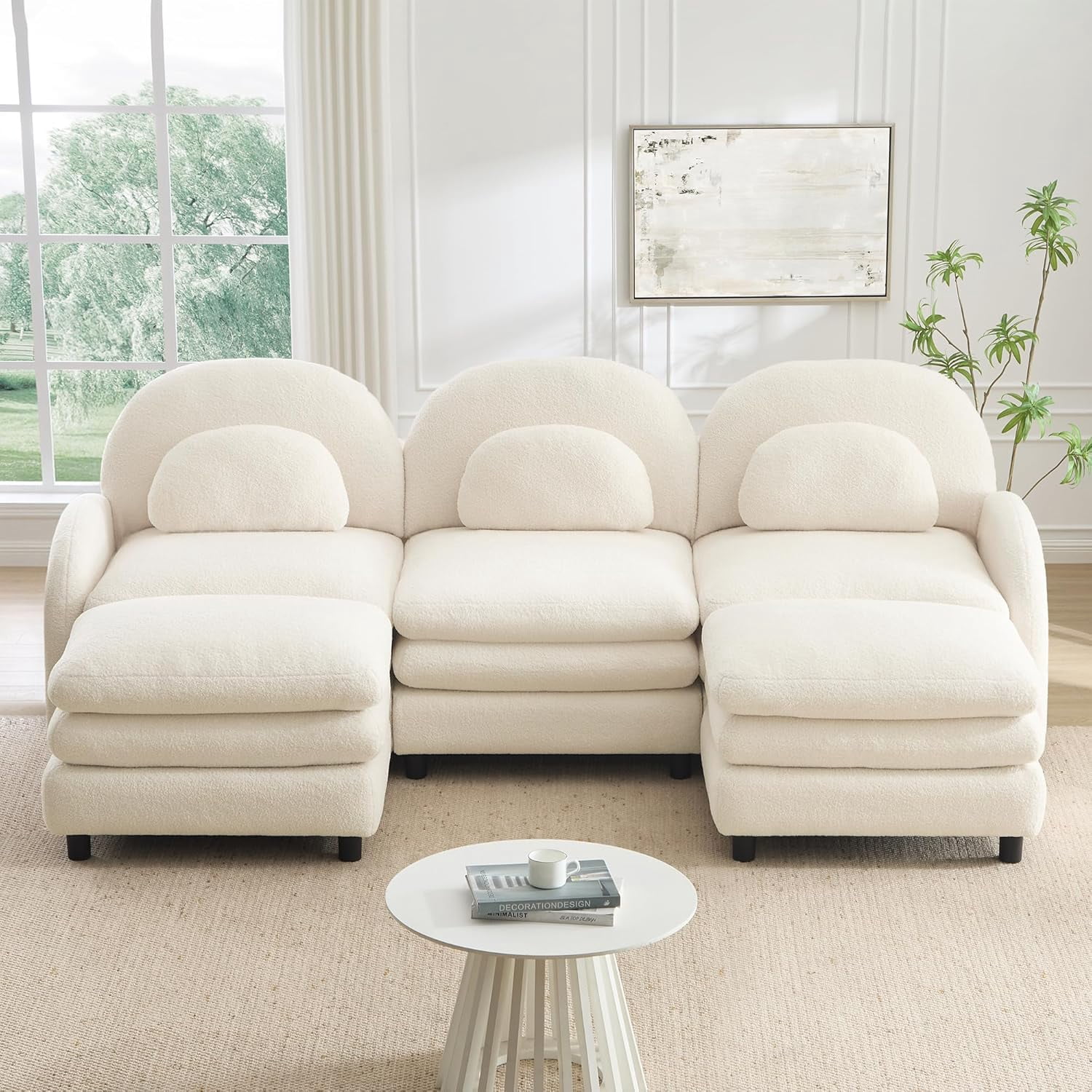98.2" Modular Sectional Couch with 2 Ottomans Sherpa Fleece, Comfortable U-Shape Oversize Cloud Sofa Perfect for Living Room Furniture with Deep Seat Lounge Comfort and Convertible Design, Beige