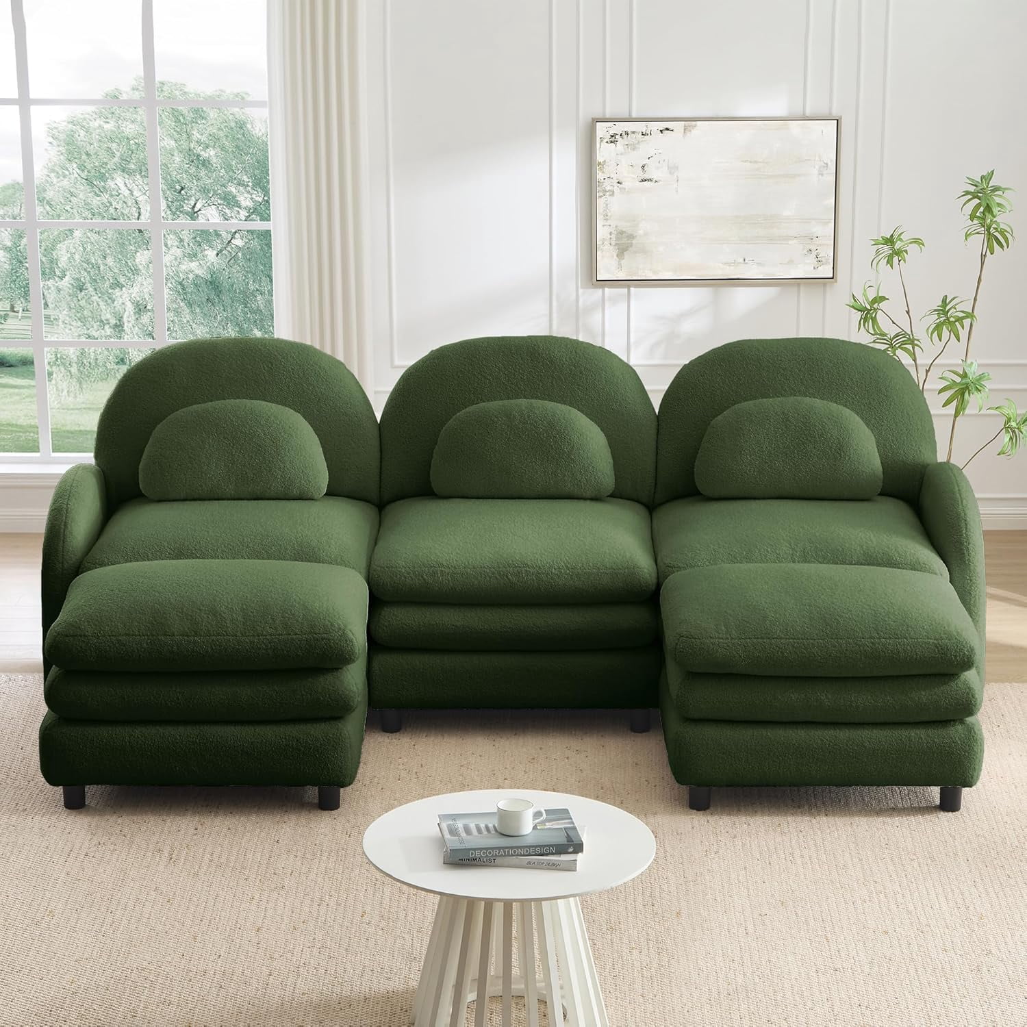 98.2" Oversized Modular Sectional Sofa with 2 Ottomans Sherpa Fleece, Plush Soft Deep Seat Couch Perfect for Medium Living Room Furniture Space with Convertible Layout and Apartment Living, Green