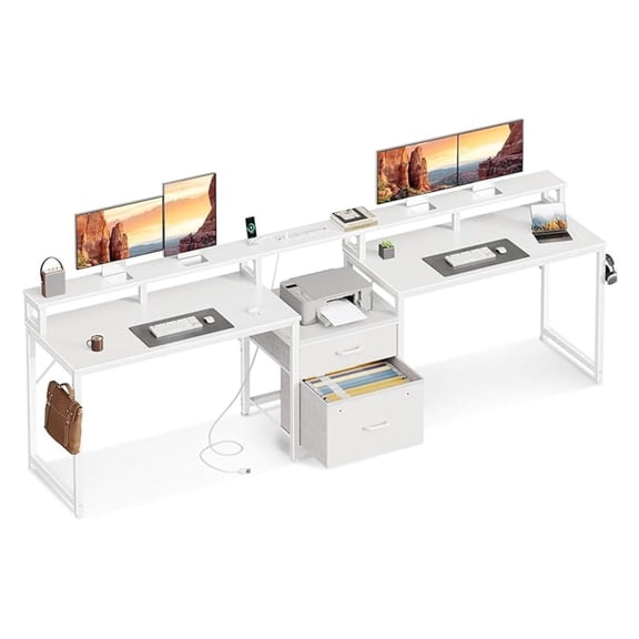 98" 2 Person Computer Desk with Fabric Drawer & File Cabinet, Two Person Long Writing Home Office Desk with Power Outlet & Monitor Stand, Storage Shelves, White