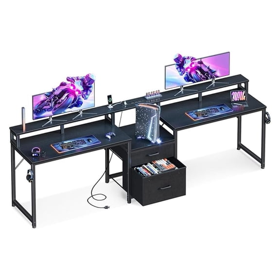 98" 2 Person Gaming Computer Desk with Fabric Drawer & File Cabinet, Two Person Long Writing Home Office Desk with Power Outlet & Monitor Stand, Storage Shelves, Black