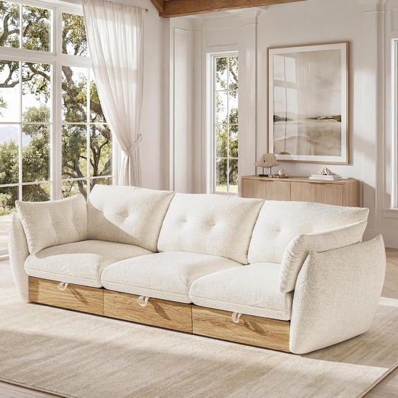 98" 3-Seater Cloud Couch Sectional Modular Sofa with Storage, Cotton and Linen Fabrics Modern Oversized Deep Seat Sofa with Armrest Pillow, Easy Assembly for Living Room, Apartment, Ivory