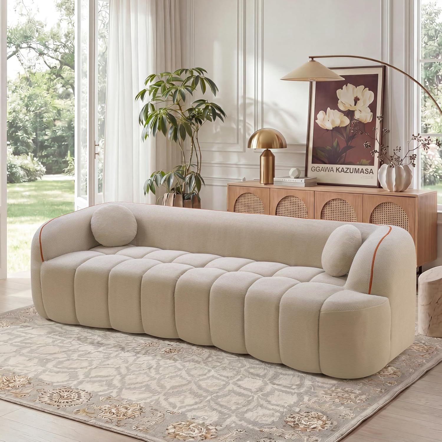 98.4'' Boneless Couches, Corduroy Living Room Floor Sofas, Camel | Cloud Upholstered Couch, Comfy Cream Style 3 Seat Sofa, Deep Seat, No Assembly Required, 2 Pillows, for Small Space Apartment