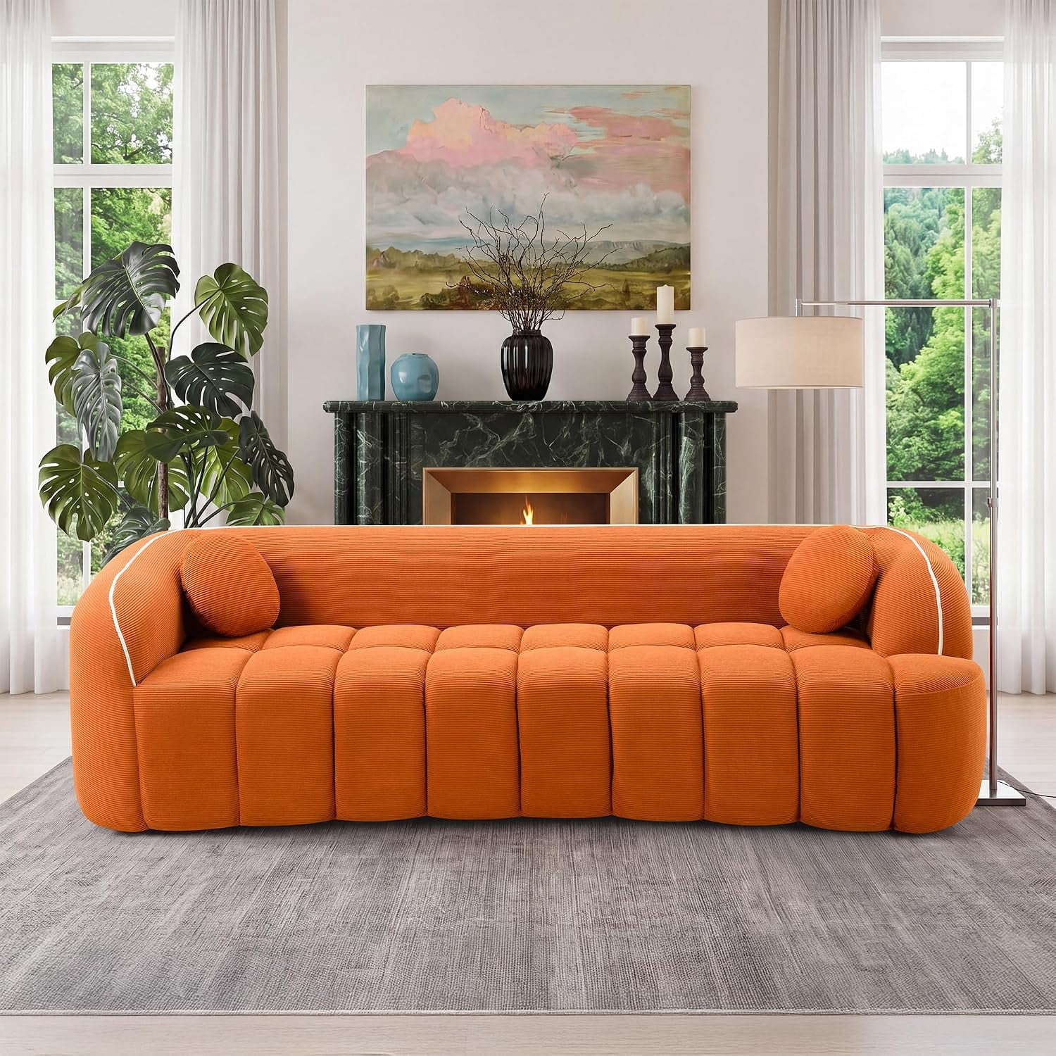 98.4'' Boneless Couches, Corduroy Living Room Floor Sofas, Orange | Cloud Upholstered Couch, Comfy Cream Style 3 Seat Sofa, Deep Seat, No Assembly Required, 2 Pillows, for Small Space Apartment
