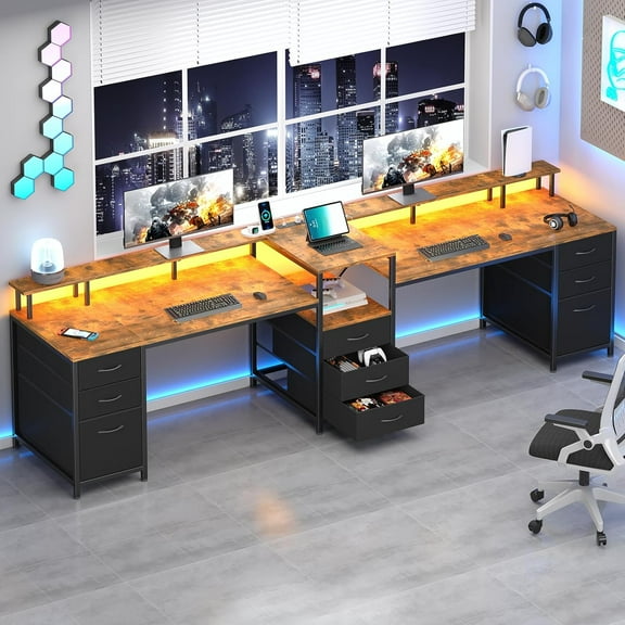 98.4" Computer Desk with 9 Drawers, 2 Person Gaming Desk with LED Lights & Power Outlet, Long Double Home Office Desks with Printer Shelf, File Drawer & Monitor Stand, Rustic Brown