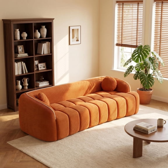 98.4" Corduroy Sofa Cloud Couch, 3-Seater Deep Seat Bubble Tufted with 2 Pillows for Living Room, No Assembly Required, Orange