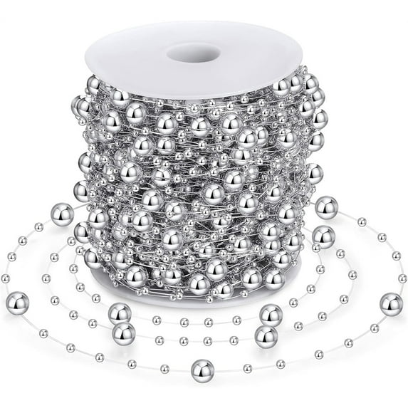 98.4 Feet Christmas Tree Beads Garland Decoration, NOGIS Artificial Plastic Reflective Pearls Strands String Chain Beaded Roll (Silver)