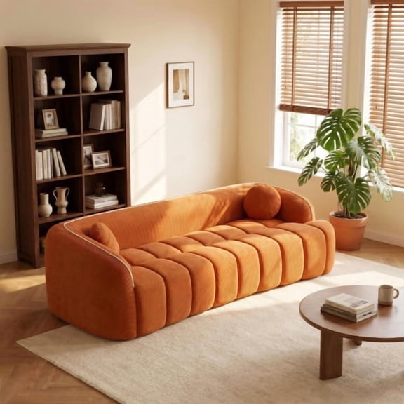 98.4 Inch Modern Compressed Sofa, Cloud Couch 3 Seater Corduroy Couch with Bubble Channel Tufted Design, No Assembly Required, Deep Seat Sofa with 2 Pillows for Living Room, Apartment, Office, Orange
