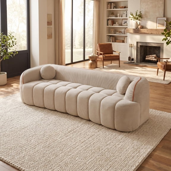 98.4" Modern Compressed Sofa, Cloud Couch 3-Seater Corduroy Sofa, No Assembly Required, Bubble Channel Tufted Couch with 2 Pillows, Comfy Deep Seat for Living Room, Apartment, Office