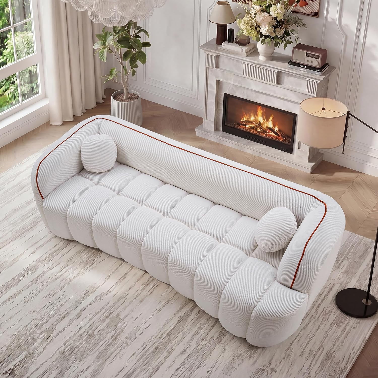 98.4'' White Corduroy Boneless 3-Seater Floor Sofa, Cloud Soft Upholstered Deep Seat Couch, Assembly-Free Cream Style Sofa with 2 Pillows for Apartment Small Spaces