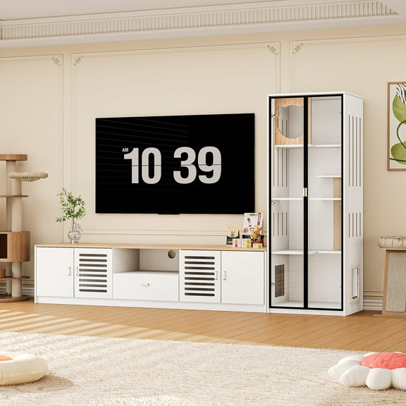 98.4" White TV Stand and Cat Tree Cabinet, 2-in-1 Entertainment Center and Cat Climbing Furniture with Scratching Posts Cat Door, Modern Wooden Design with Storage and Drawer for Living Room