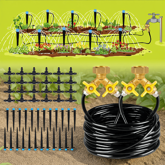 98.4FT Drip Irrigation Kit, 1/4in Tubing with Adjustable Emitters and Brass Splitter, DIY Garden Watering System