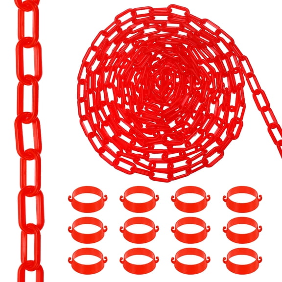 98.4Ft Plastic Chain Barrier, Safety Link Chain Stanchion with Traffic Cones Connector for Crowd Control at Driveway Elevator Parking Lot, Red