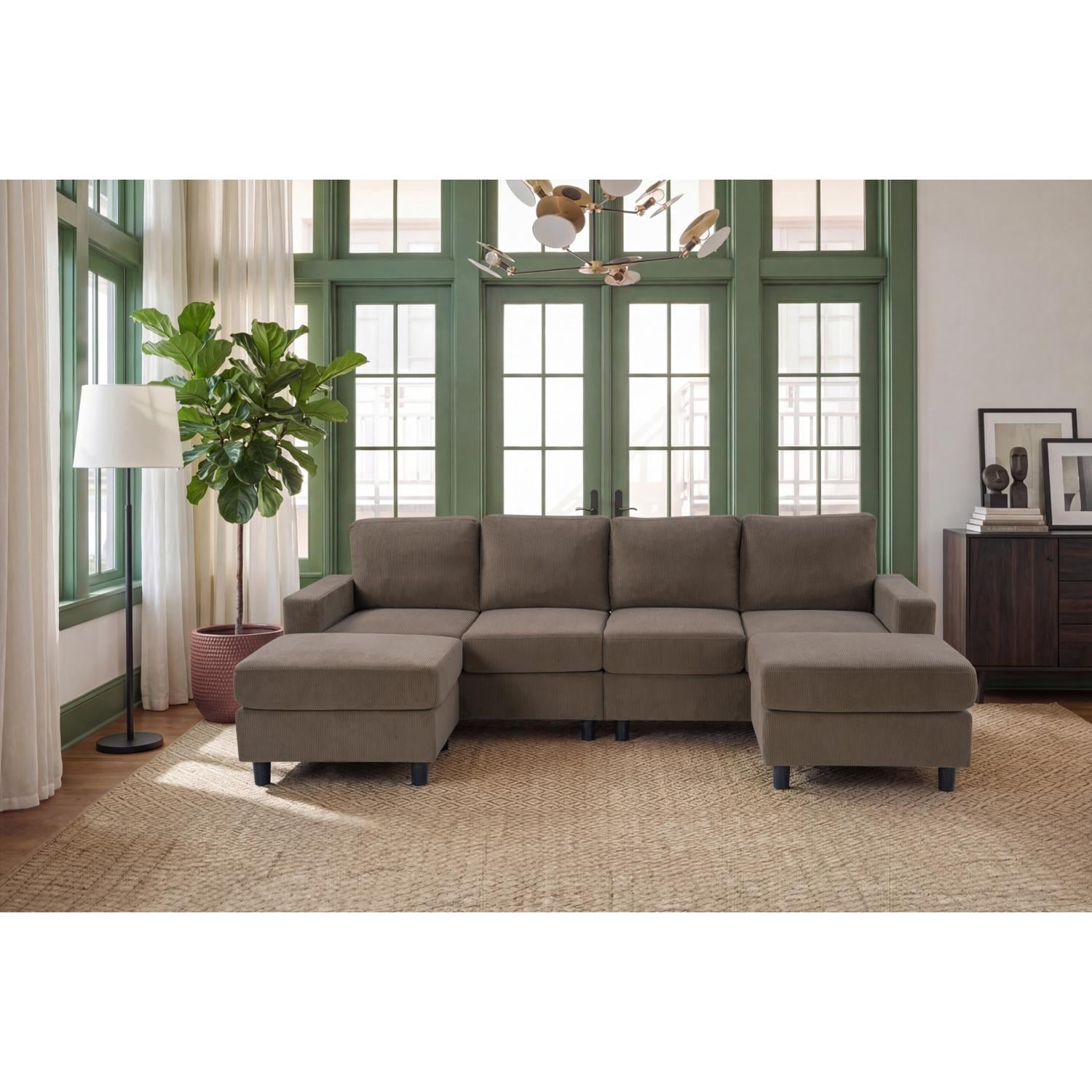 98.8 Inch Oversized U-Shaped Sectional Couch, Corduroy Upholstered 4-Seat Double Chaise Sofa with Thick Padding and Solid Plastic Legs for Living Room Family Room, Brown