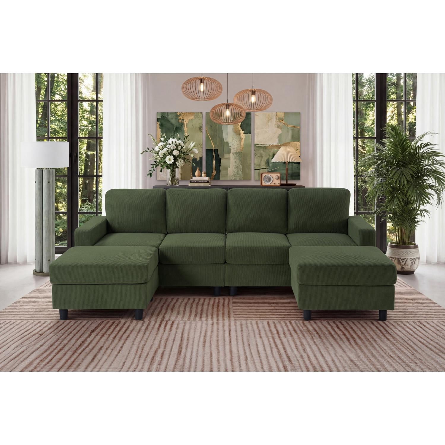 98.8 Inch Oversized U-Shaped Sectional Couch, Corduroy Upholstered 4-Seat Double Chaise Sofa with Thick Padding and Solid Plastic Legs for Living Room Family Room, Green