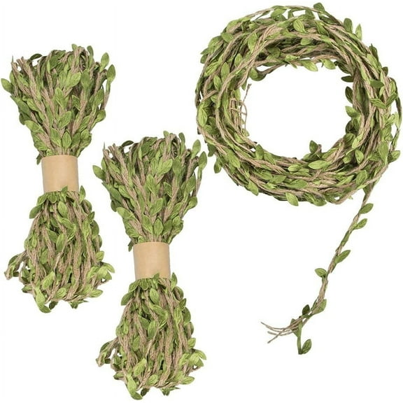 98 Feet 5MM Burlap Leaf Ribbon, Natural Wall Hanging Jute Vine Twine with Artificial Green Leaves for Rustic Wedding,Home,Garden,Jungle Party Decorations and DIY Crafts Decor(3 Rolls)