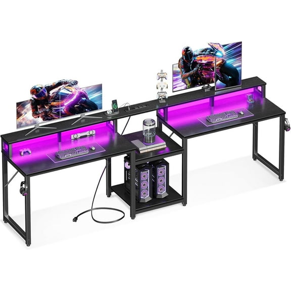 98 Inch 2 Person Gaming Desk with Storage Shelves- Long Double Home Office Computer Desks with USB Charging Port & LED Lights, Writing Desk with Monitor Stand, Modern Study/Work Table, Black