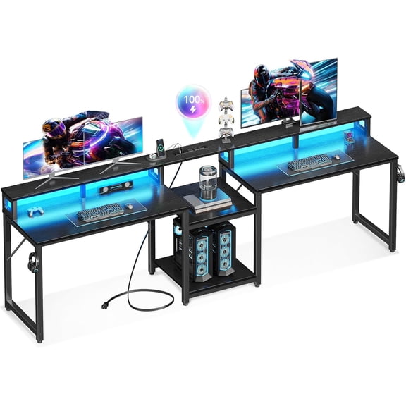 98 Inch 2 Person Gaming Desk with Storage Shelves, Long Double Home Office Computer Writing Desks with USB Charging Port & LED Lights, Monitor Stand, Modern Study/Work Table,Black