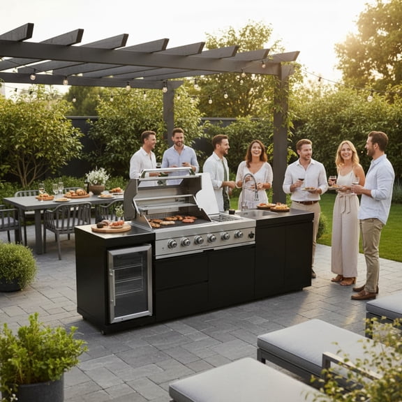 98-Inch 4-Burner Propane Gas Outdoor Kitchen Grill Island - 72000 BTU Stainless Steel BBQ, Refrigerator, Rotisserie, Stainless Countertops, Patio, Lawn, Backyard, Black