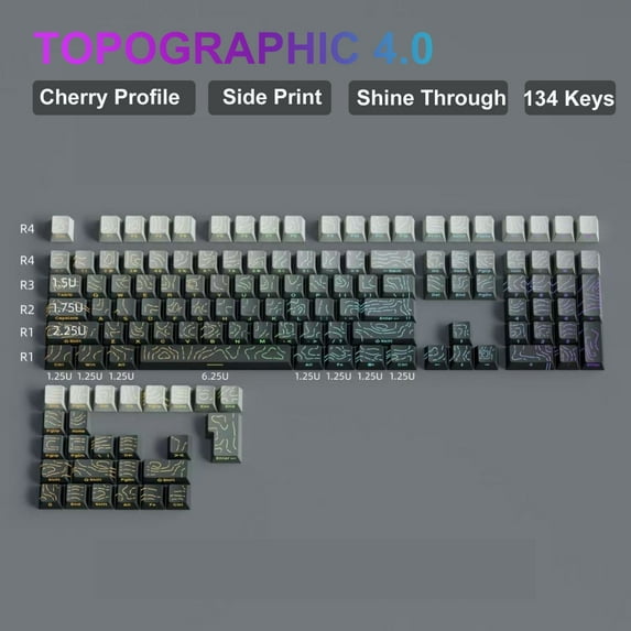 98 Key White Topographic 4.0 PBT Keycaps Double Shot Side Print Shine Through Backlit key caps For MX Gamer Mechanical Keyboard
