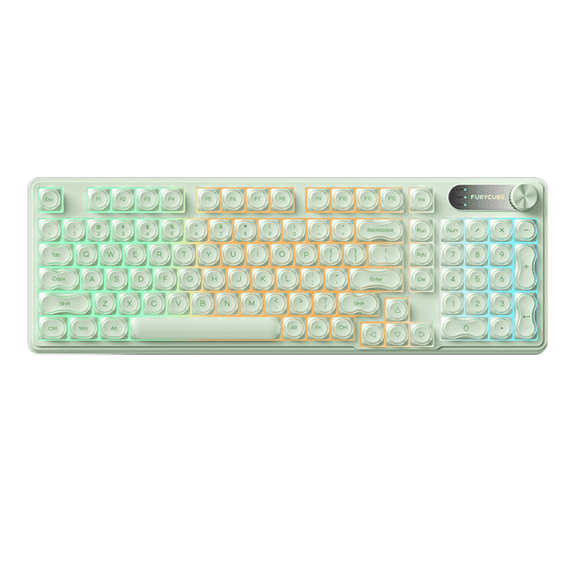98-Key Wired RGB Membrane Keyboard with MOA Quiet PBT Keycaps, USB-C Connection, Waterproof Design, Translucent Light Green Keycaps and Frame, Rotary Knob, Desktop Aesthetic Keyboard