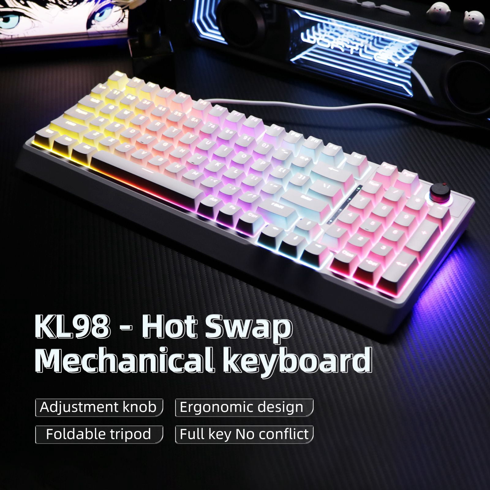98 Keys Hot Swappable Mechanical Gaming Keyboard with Multifunctional Knob, Side RGB Strip Light, Adjustable Foldable Stand & Full Key Anti-ghosting