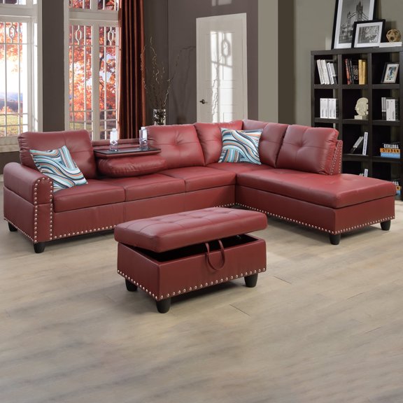 98" L-Shaped Modular Sectional Sofa with Cup Holders & Drop Table, Comfy 6 Seat Couch with Deep Seat, Chaise Lounge, Storage Ottoman, Modern Riveted Sofa Set for Living Room, Faux Leather Red
